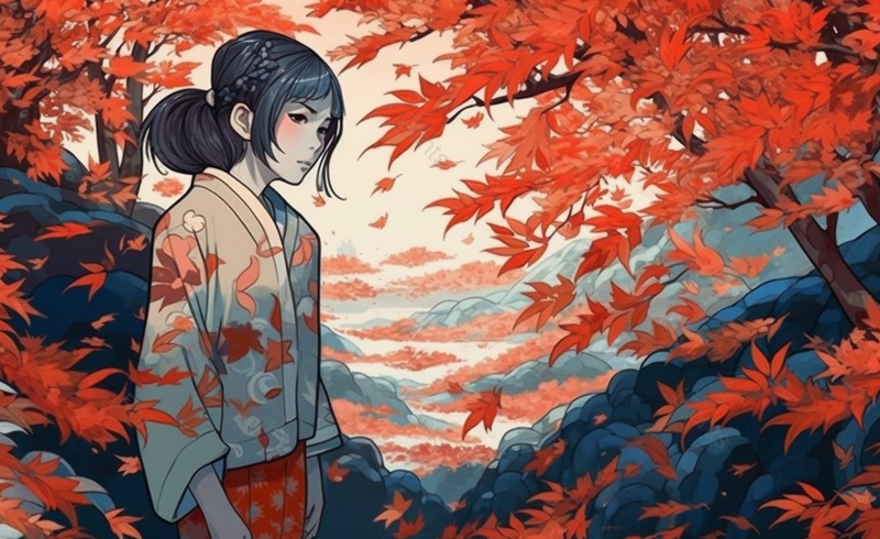 马尾女孩红枫叶高清手绘人物母亲节素材原创插画背景图,插画/手绘图,插画/手绘图库,插画/手绘图下载,插画/手绘